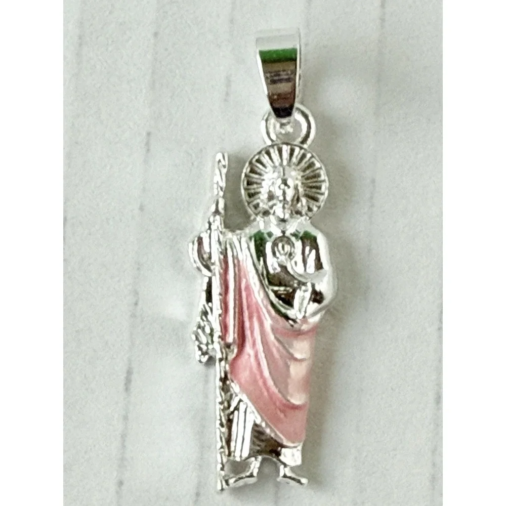 St Jude Pendant Pink Mantle Silver Plated -chain 20